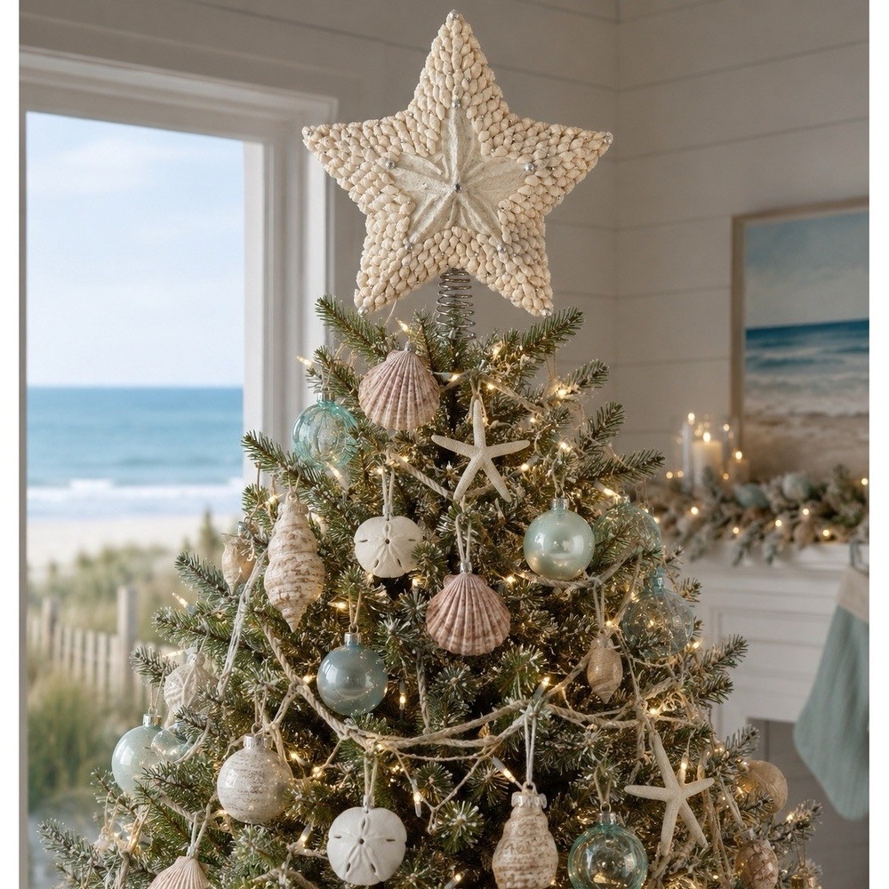 New in Box Coastal Christmas Tree Star Topper Genuine Shells Silver Beads 9x10"